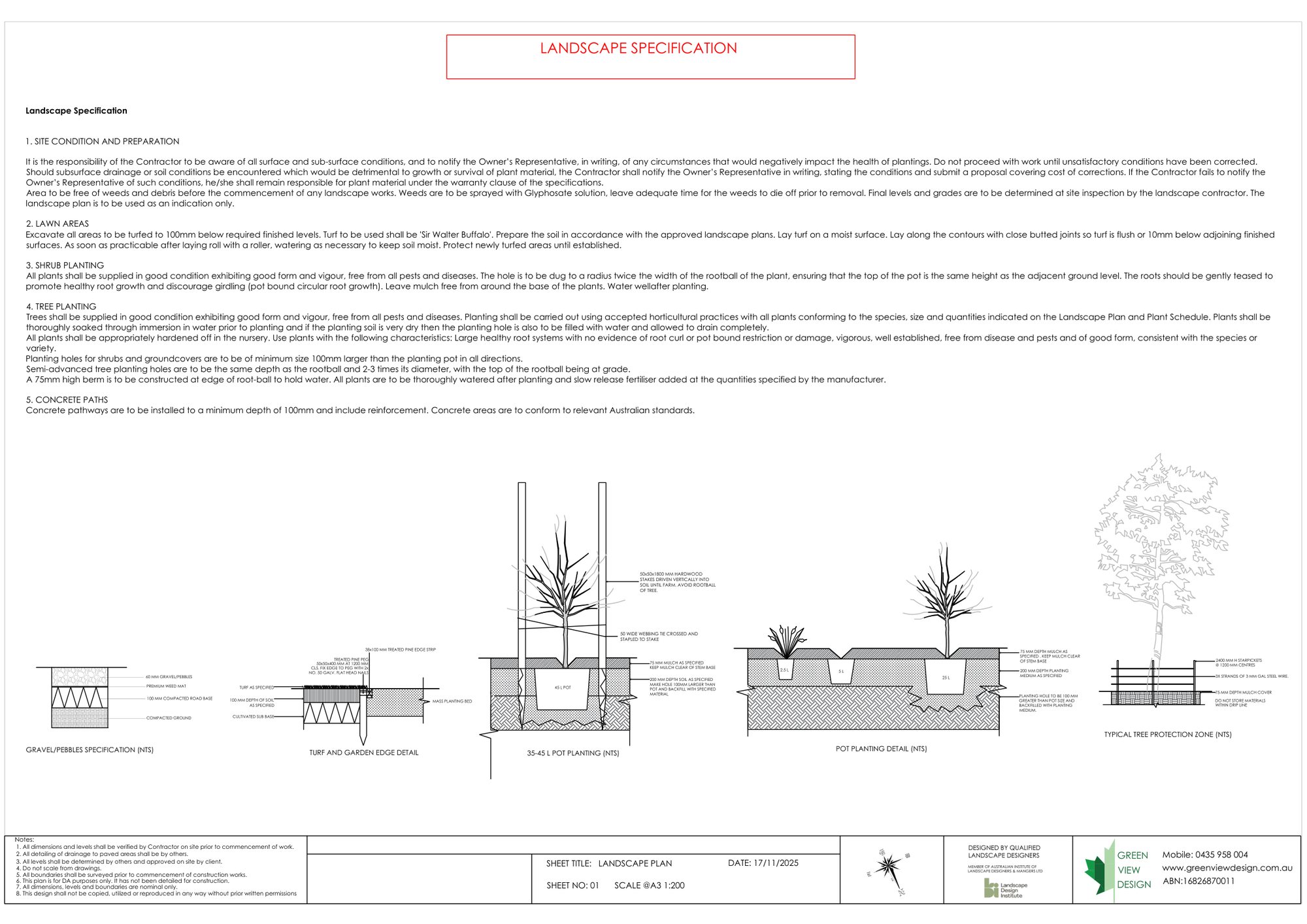 Landscape specification sheet with planting and construction details