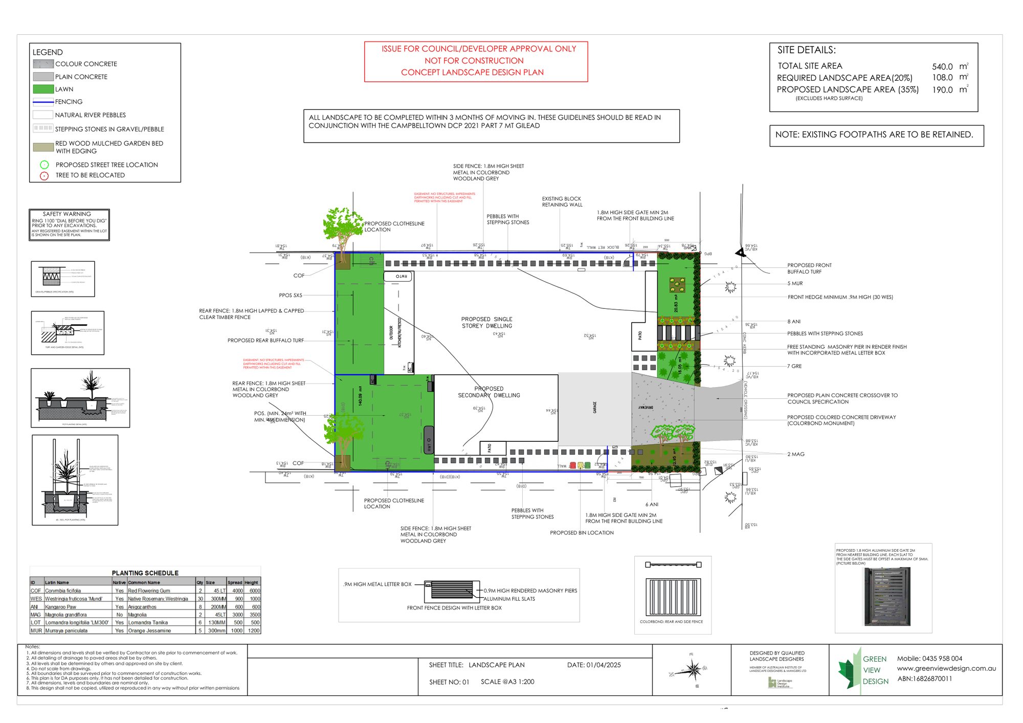 Landscape plan for a home with a secondary dwelling showing separate private open space areas