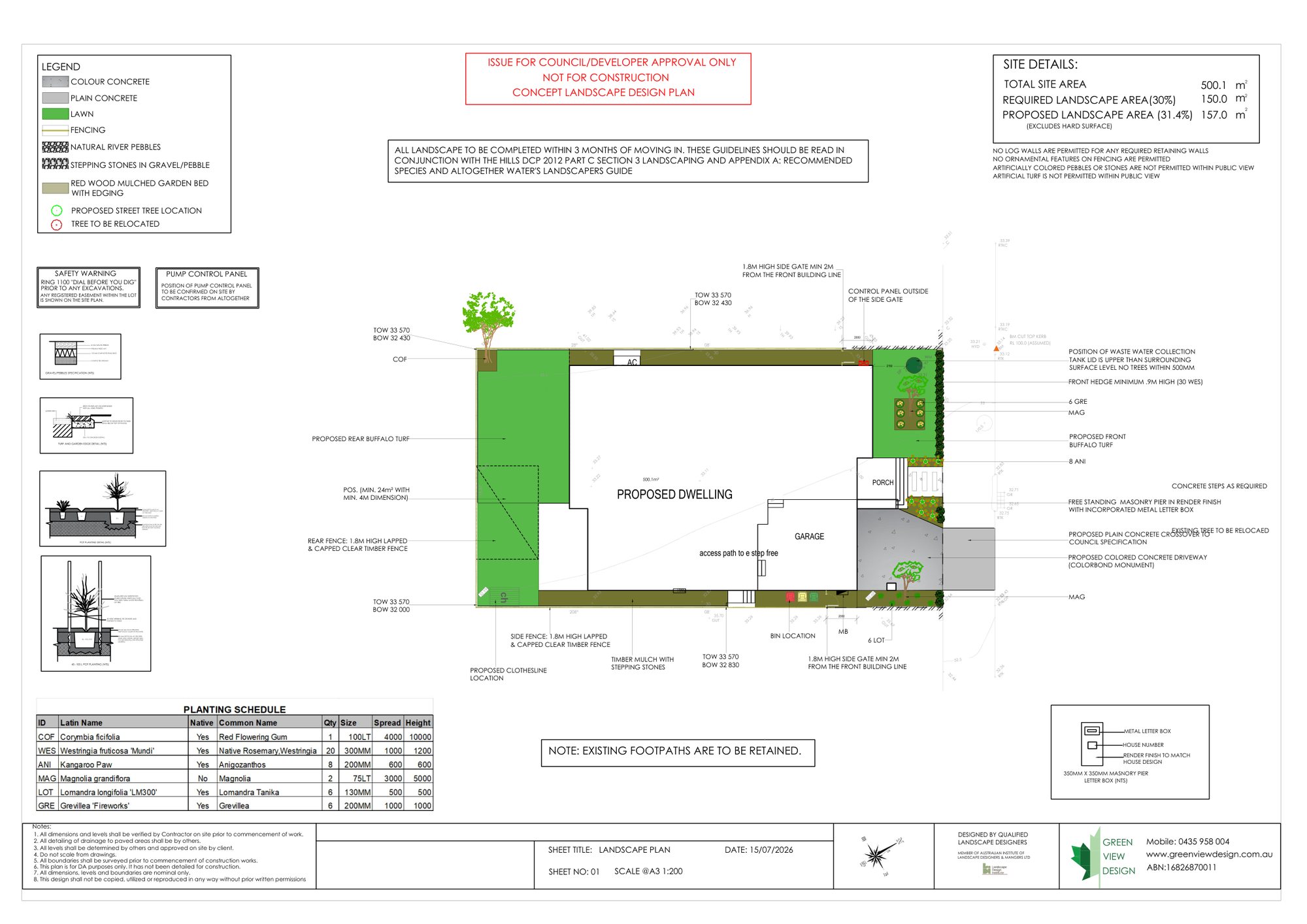 Example approved concept landscape plan for a 500 sqm lot in The Gables, Box Hill
