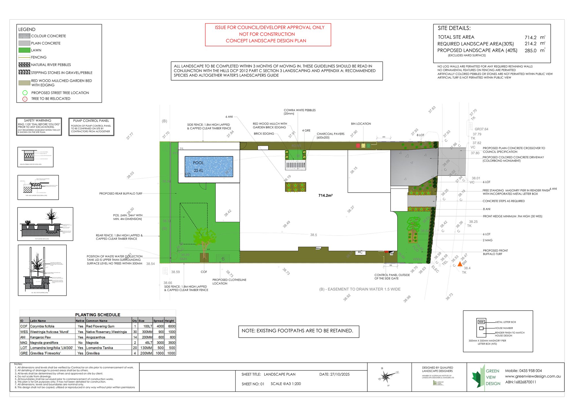 Concept landscape design plan, 714 sqm site with pool, The Gables