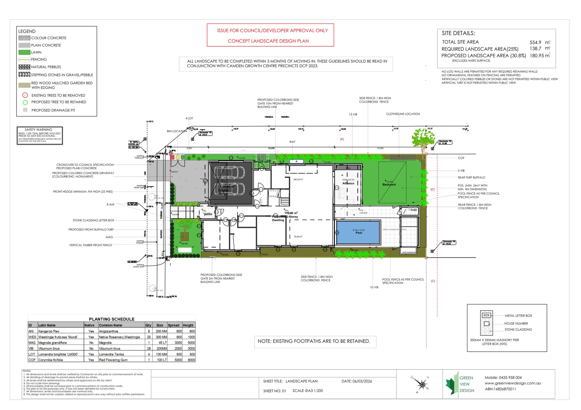 Concept landscape design plan, 555 sqm site with pool, Leppington