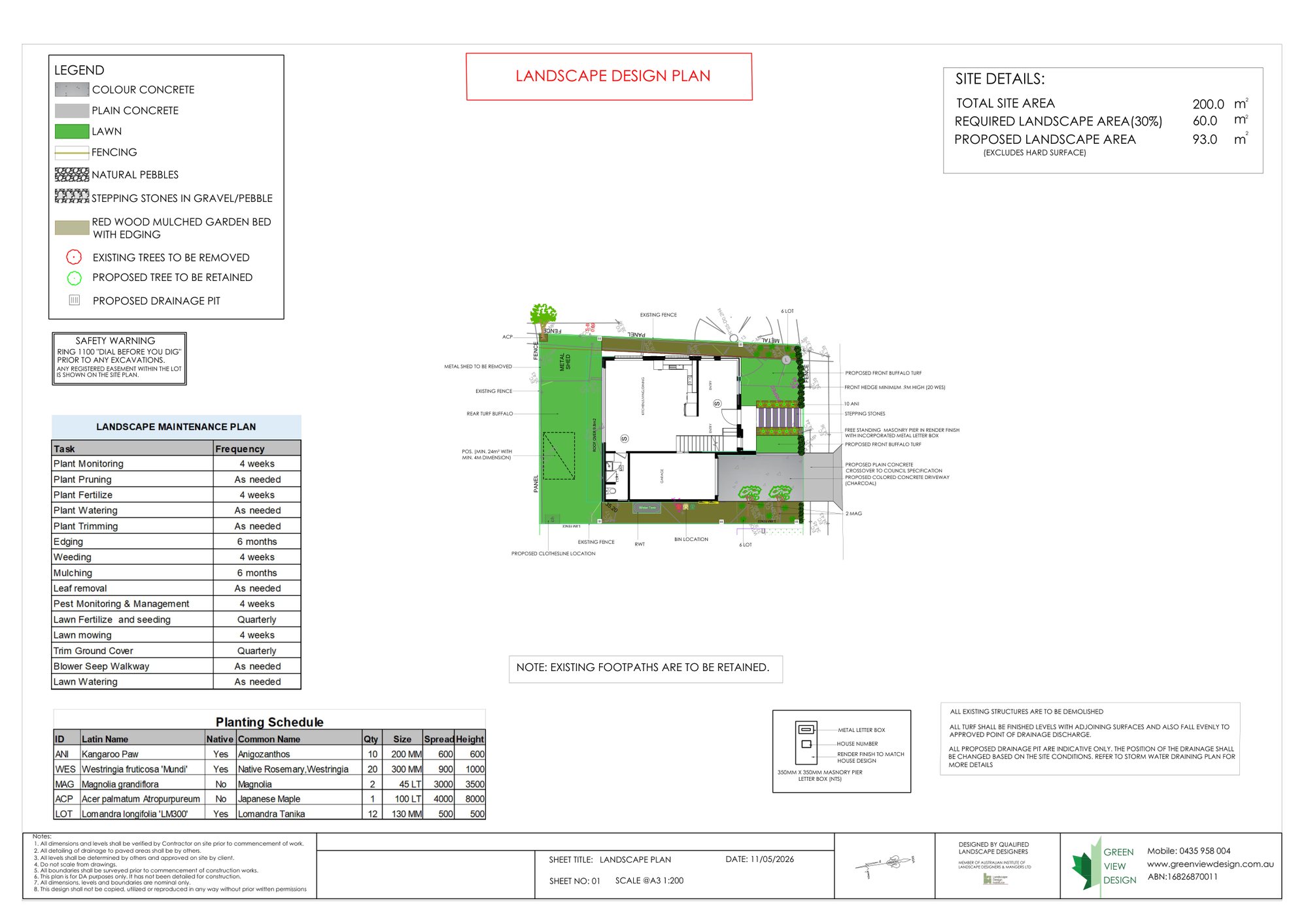 Concept landscape design plan, 200 sqm knock down and rebuild site, Merrylands
